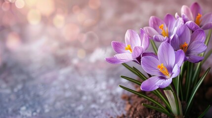 Close up photo of purple spring flowers for holiday card with space for text