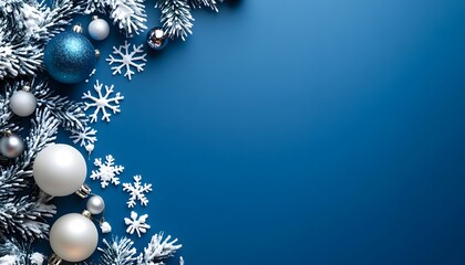 Christmas Background with blue ornaments and snowflakes