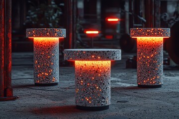 Glowing concrete benches illuminated by fiery LED lights in dark urban setting