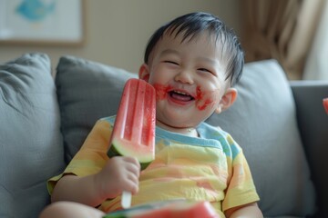 Sweet baby boy charismatic smile savoring every delectable bite. Joyful little one heartwarming smile having enjoyable meal. Bonding experience parent and child joyful meal times.