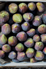 Fresh ripe dark purple blue figs are laid out in rows in a wooden box at a yard sale. Sweet harvest, gifts of nature,dessert,vegetarian,fruitarianism,wooden packaging,packaging transportation