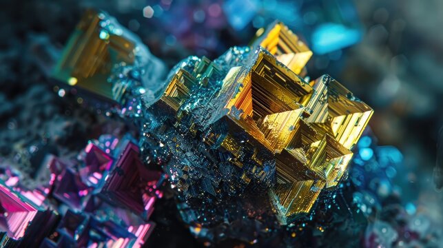 Close up shot of bismuth mineral on dark background