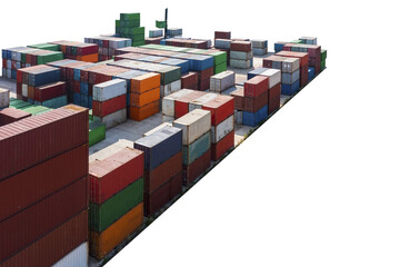 Stack of cargo containers in a terminal shipping yard on a white background.
