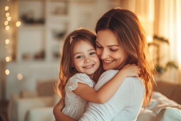 High-resolution brightly lit photorealistic candid photograph of a loving mother embracing her daughter in a beautifully lit living room. The photograph has a light, bright, and cheerful ambiance,