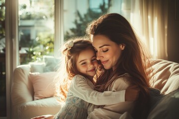 Fototapeta premium High-resolution brightly lit photorealistic candid photograph of a mother and daughter bonding in a stylish, sun-drenched living room. The photo is styled like a premium lifestyle magazine, with a