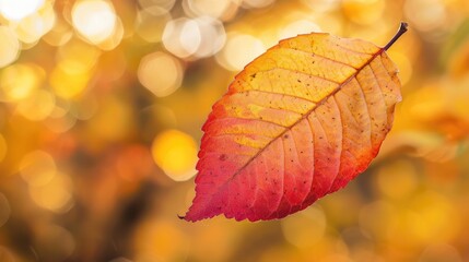 Obraz premium Close up shot of red and yellow cherry leaf on gentle autumn backdrop