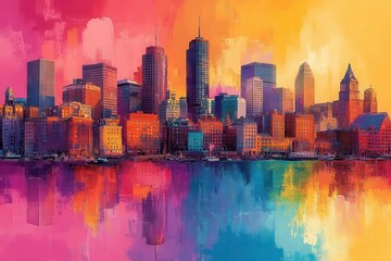 Fototapeta premium vibrant boston skyline reimagined as a colorful pop art collage with exaggerated architectural features and quirky details