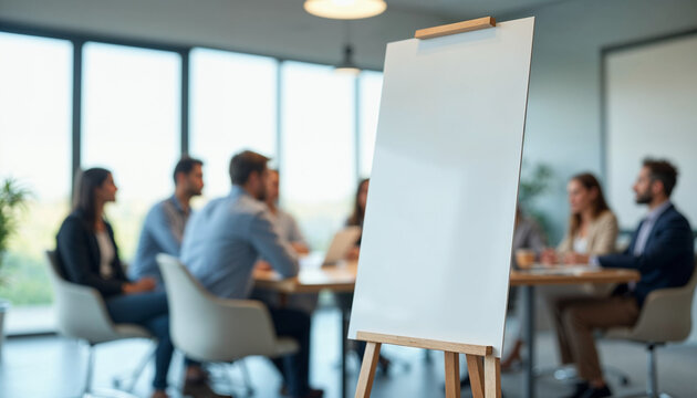 Whiteboard stands out in a modern office with blurred meeting background, highlighting its role in note-taking.







