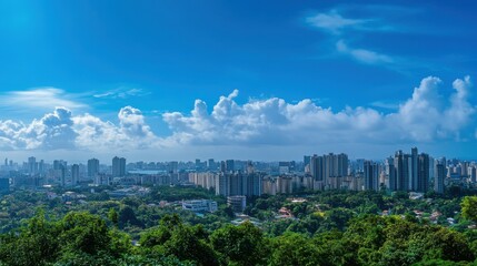 Fototapeta premium Stunning city view with a wide lens, under a clear blue sky, surrounded by fresh air and lush greenery, presenting a perfect balance between nature and urban life.