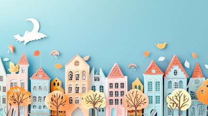 Whimsical of a charming storybook village with colorful cozy houses nestled among nature and a crescent moon in the night sky  This vibrant fantasy landscape evokes a sense of wonder