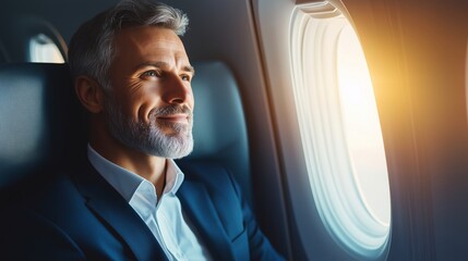 Businessman enjoying a moment of reflection while traveling on an airplane at sunset