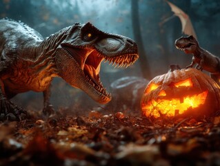 Spine-Chilling Prehistoric Halloween: Hyper-Realistic Dinosaur Party in Dark Forest