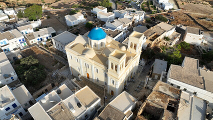 Aerial drone photo of picturesque main village of Kimolos island built next of port Psathi, Cyclades, Greece