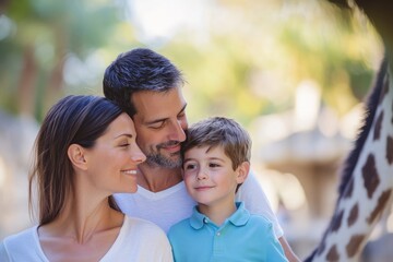 Fototapeta premium High-resolution brightly lit photorealistic candid photograph of a father, mother, and son exploring the zoo, with a soft, creamy bokeh background. The image is styled like a high-end lifestyle