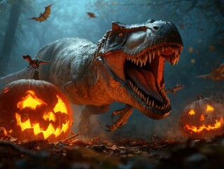 Naklejka premium Spooky Dino Bash: Hyper-Realistic Halloween Party in Dark Forest with T-Rexes and Raptors in Ghostly Costumes