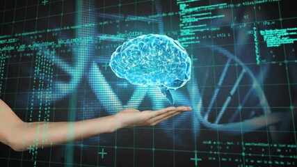 Animation of hand holding digital brain and dna strands over data processing on black background - Powered by Adobe