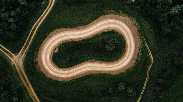 Aerial view of a dirt road loop surrounded by lush green vegetation and intersecting paths in a natural landscape.