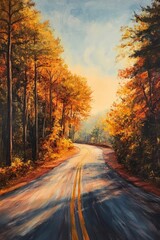Fototapeta premium Oil painting depicting a scenic road surrounded by nature