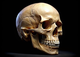 Label the internal and external features of a human skull, including cranium, frontal bone, parietal bones, occipital bone, temporal bones, mandible, orbit, nasal cavity, and foramen magnum.