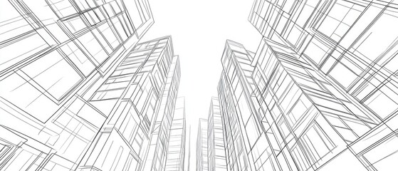 Abstract architectural illustration featuring line art of buildings in a 3D perspective