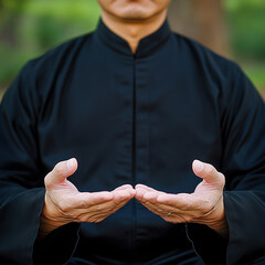 A man in black shirt sitting and doing qigong