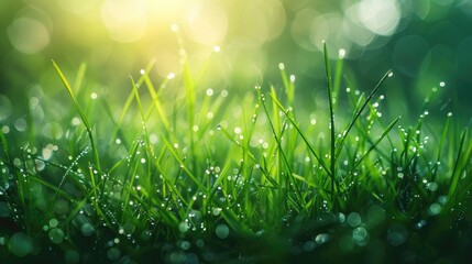 Close up view of dew covered green grass in spring morning meadow