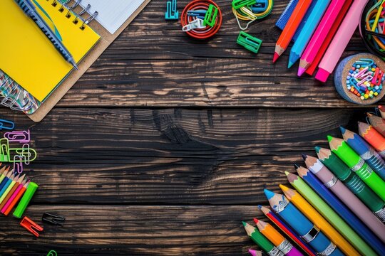 Top view of colorful school supplies on a wooden desk with copy space, back to school concept