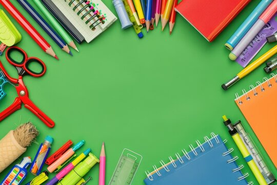 School supplies arranged on a green background, back to school theme with ample copy space