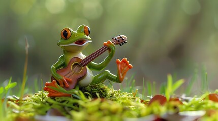 A green frog figurine plays a guitar in a mossy forest setting.