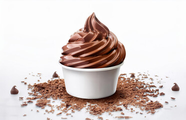 A chocolate ice cream cone with chocolate sprinkles on the ground