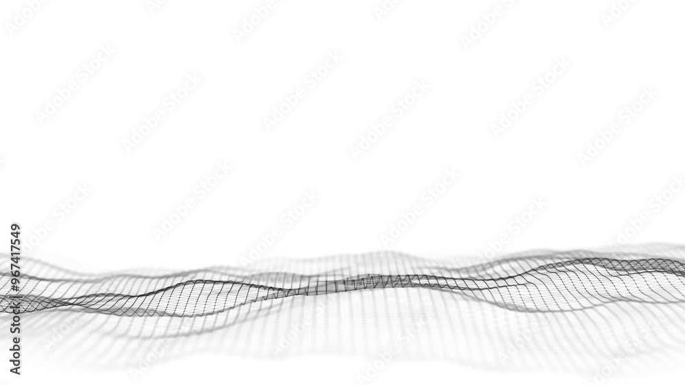 Poster Abstract wave with black points and lines on white background. Science background with moving dots. Network connection technology. Digital structure with particles. 3d rendering.