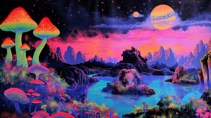 A black light poster, psychedelic landscape in the style of rainbow colors, 70s style