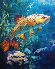 Fototapeta premium Oil painting depicting an Arowana fish set against an aquarium backdrop showcasing its vibrant colors and aquatic environment