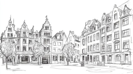 Urban sketch in black on a white background depicting historical buildings Freehand drawing designed as a travel postcard Hand drawn line art illustration