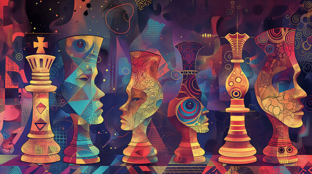  vibrant and colorful illustration of chess pieces, each with a unique design and color, set against an abstract background that evokes the essence of high technology in space exploration.