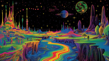 A river of rainbow colors meanders through the landscape, with a black sky and stars above. 