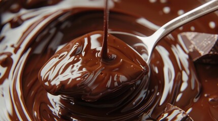 Close up view of spoon in flowing chocolate