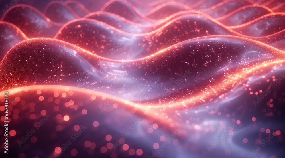 Poster abstract red and blue waves with glowing particles.