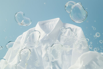 Bright white shirt immersed in water with delicate soap bubbles floating around, representing purity, freshness, and efficient garment cleaning