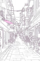 Line art illustration of a vibrant shopping street featuring local shops popular among youth known for its cultural and artistic atmosphere