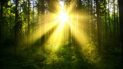 Fototapeta premium green spring/summer forest firing warm colors in the sunlight; springly full of hope forestscape with empty place to product/service exposure; copy space