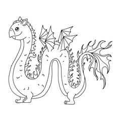 Cute dragon in cartoon style. Fairy tale animal. fantasy Myth. Character of fairy tales. Lizard Coloring book, vector illustration on a white background