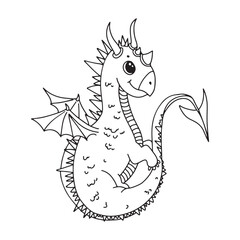 Cute dragon in cartoon style. Fairy tale animal. fantasy Myth. Character of fairy tales. Lizard Coloring book, vector illustration on a white background