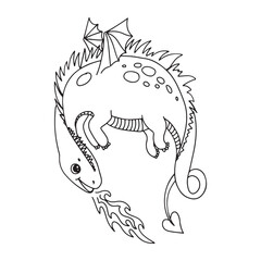 Cute dragon in cartoon style. Fairy tale animal. fantasy Myth. Character of fairy tales. Lizard Coloring book, vector illustration on a white background