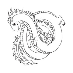 Cute dragon in cartoon style. Fairy tale animal. fantasy Myth. Character of fairy tales. Lizard Coloring book, vector illustration on a white background