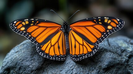 Obraz premium vibrant orange monarch butterfly perched on textured gray rock extreme closeup intricate wing details natural lighting