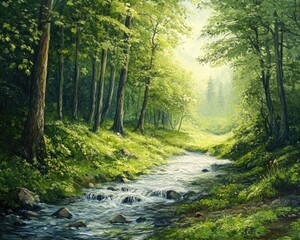 Obraz premium Oil painting depicting a lush green forest with a flowing stream illustrating the beauty of nature and environmental preservation
