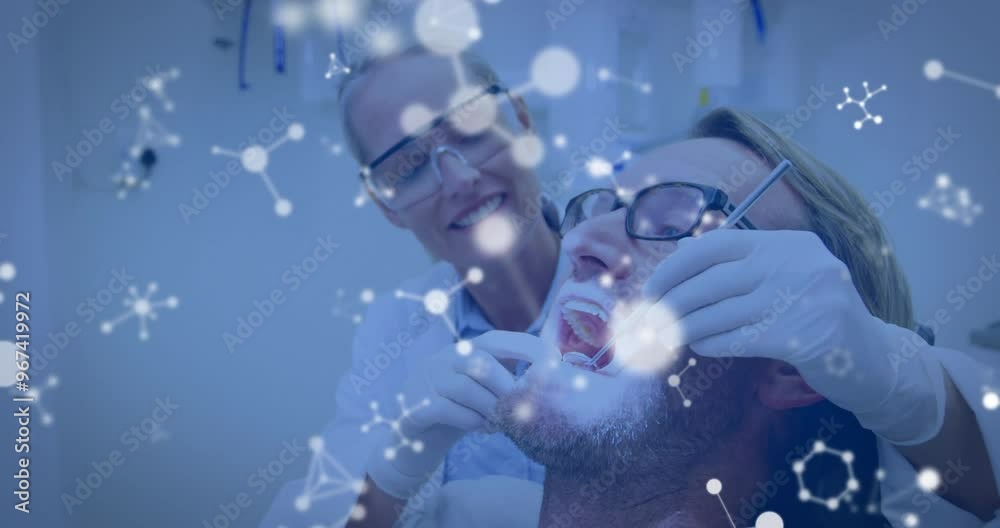 Poster Animation of molecules over caucasian female dentist and male patient