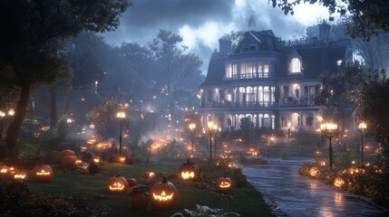 A haunted mansion garden lit by glowing jack-o-lanterns eerie shadows cast by flickering candlelight