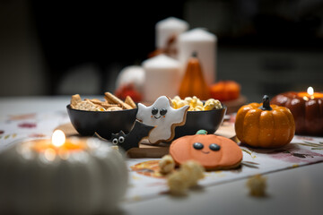Przepiękne ciastka na Halloween w kształcie dyni, duszka i nietoperza. Elegancko udekorowane i kusząco smaczne, w ciepłym, tajemniczym świetle.